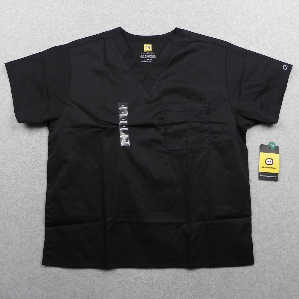 WonderWink Scrub Top Unisex Medium Classic Fit Style 100 Black Solid V-Neck NWT